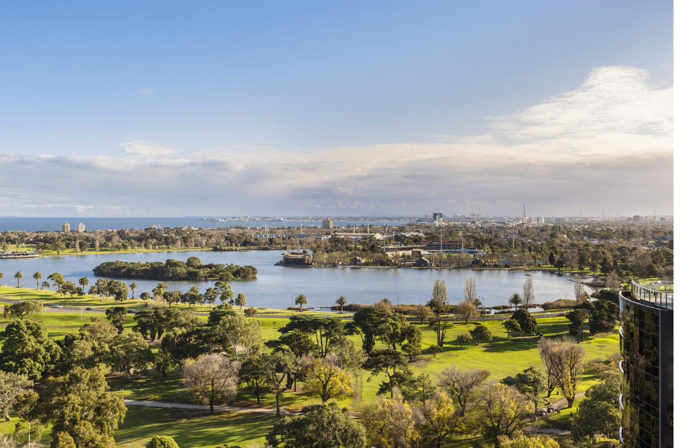 Albert Park Lake and Port Phillip Bay aerial view