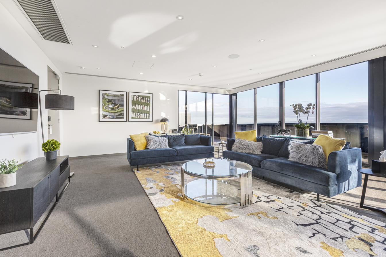 Penthouse living room with bay views